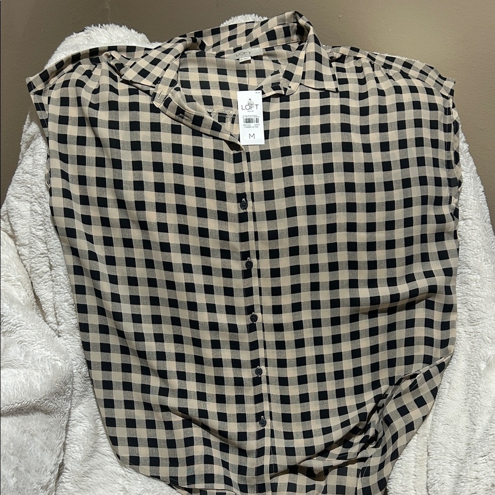 LOFT Black and Tan Plaid Button Down Shirt